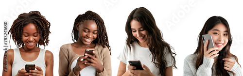 Selection of happy women from diverse ethnicities holding mobile phones, Isolated on Transparent Background, PNG