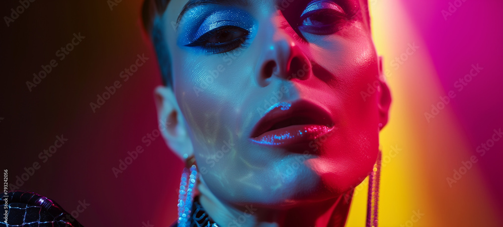 A drag queen with high saturation blue eyeshadow and pink lipstick, wearing shiny silver earrings and necklace