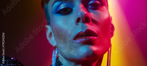 A drag queen with high saturation blue eyeshadow and pink lipstick, wearing shiny silver earrings and necklace