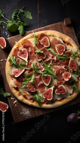 An overhead shot of a gourmet pizza with unique toppings like arugula, prosciutto, and figs on a rustic wooden table, showcasing culinary creativity.