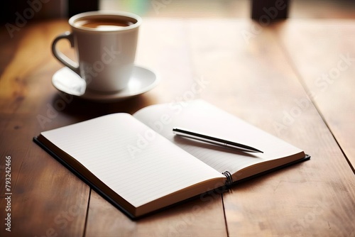 An open notebook with blank pages on a bright coffee shop table, accompanied by a steaming cup of coffee, symbolizing planning or brainstorming.
