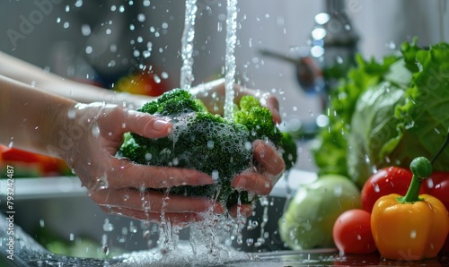 Woman washing vegetables wi...