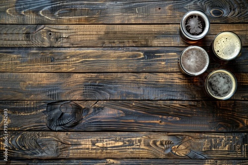 wooden background with beer glasses on the left side, top view, flat lay, stock photo, copy space concept Generative AI