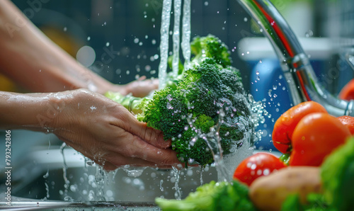 Woman washing vegetables wi...