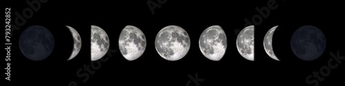All phases of Moon Waning Crescent, Third Quarter, Waning Gibbous, Full Moon, Waxing Gibbous, First Quarter and Waxing Crescent, 