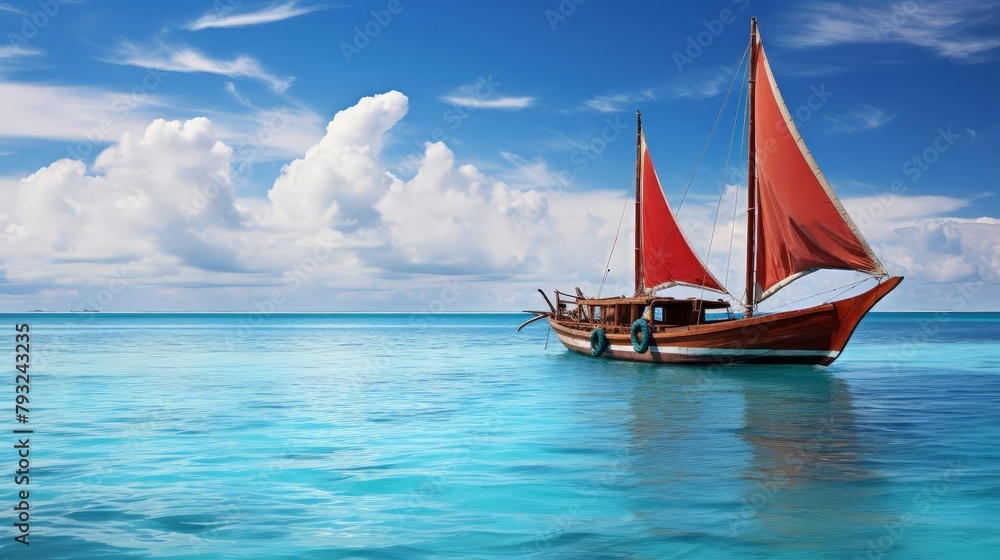 A traditional boat sailing on the clear blue waters of the Maldives, portraying a peaceful escape and the allure of tropical travel destinations.