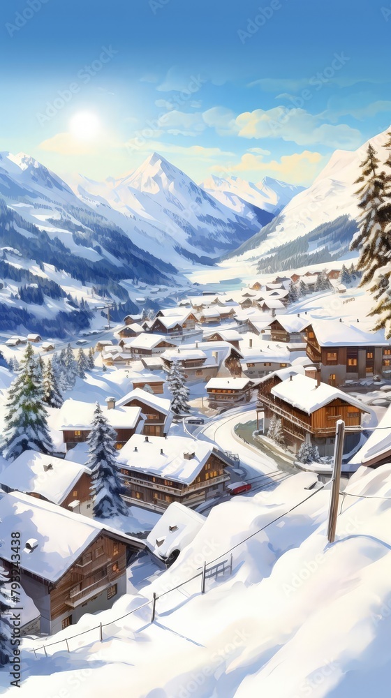 A snowy village in the Alps during winter, with cozy chalets and ski slopes, ideal for illustrating seasonal travel and picturesque destinations.