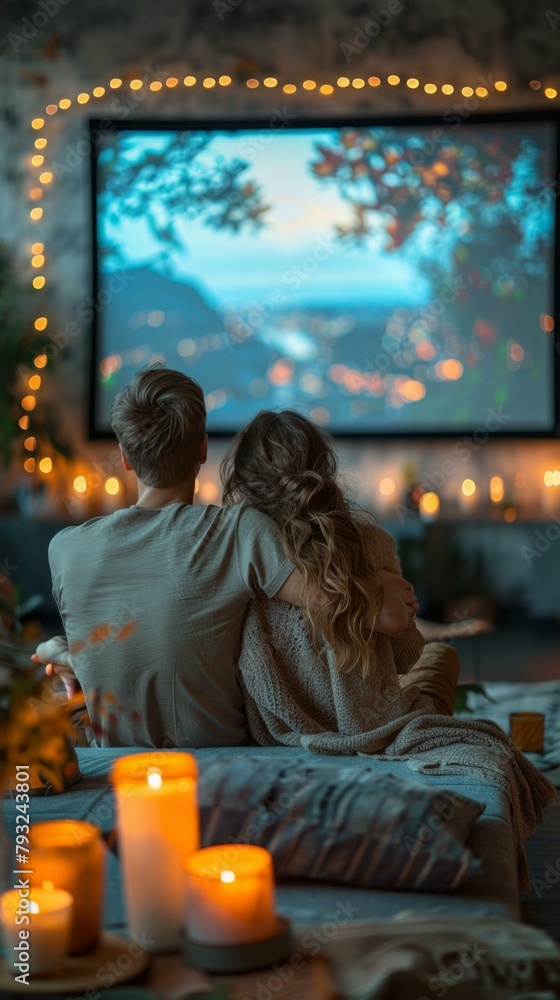A couple sitting on a couch watching a movie on a large screen television. Generative AI. A couple sitting on a couch watching a movie on a large screen television. Generative AI.