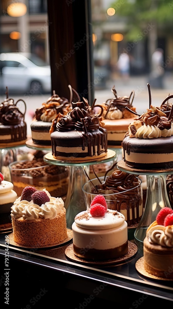 A creative display of various mini cakes at a bakery window, showcasing an assortment of flavors and designs, inviting passersby to indulge.