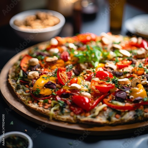 A detailed view of a vegan pizza with a glutenfree crust and plantbased cheese, focusing on the healthconscious alternatives in modern cuisine. photo