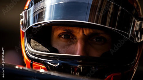 A closeup of an F1 driver in full gear, helmet on, focusing intently before the race, highlighting determination and professionalism. © Shining Pro