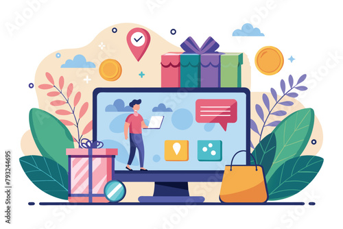 A man stands in front of a computer screen, engaged in online shopping concept, Online shopping concept, Simple and minimalist flat Vector Illustration