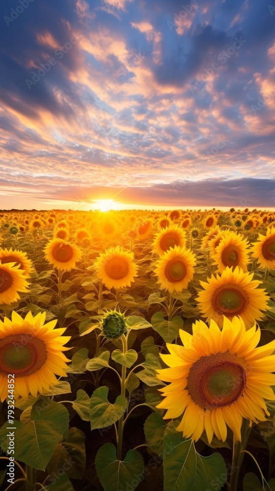 Wide angle view of a sunflower field in full bloom, golden flowers turned towards the sun, symbolizing summer and agricultural beauty