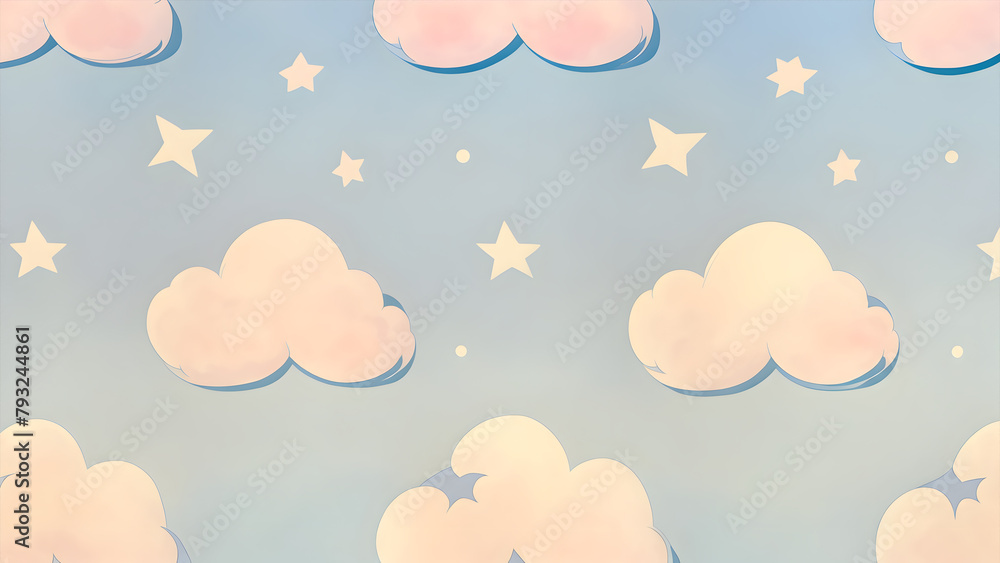 Baby design with cute clouds and stars on a light blue background Baby design with cute clouds and stars on a light blue background