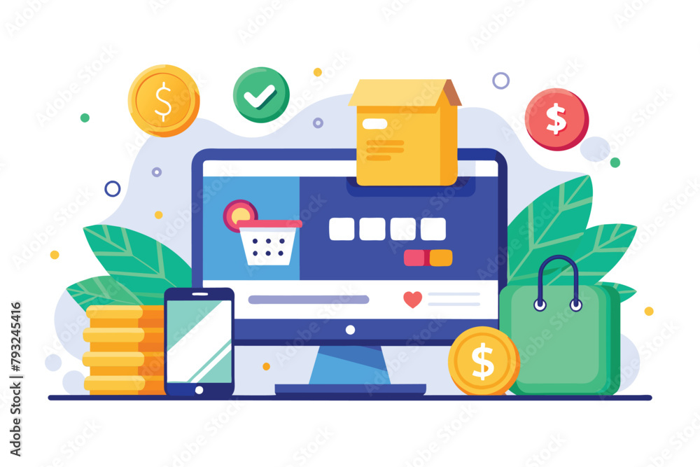 A computer displaying a shopping website, with a credit card beside it, and a shopping bag on the side, Online shopping payment method, Simple and minimalist flat Vector Illustration A computer displaying a shopping website, with a credit card beside it, and a shopping bag on the side, Online shopping payment method, Simple and minimalist flat Vector Illustration