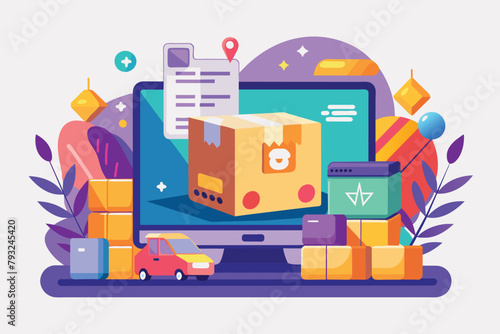 Box placed on top of a computer screen for online shopping delivery, Online shopping package delivery, Simple and minimalist flat Vector Illustration