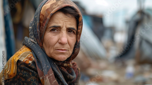 A refugee woman sits alone in front of a simple refugee building. His expression was full of worry and fatigue, Ai Generated Images