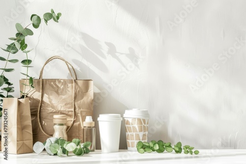 A table topped with paper bags and coffee cups. Suitable for cafe or restaurant themes