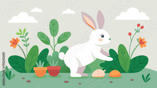 A curious bunny hops around a designated herb garden sampling different plants known to benefit his coat and overall health..