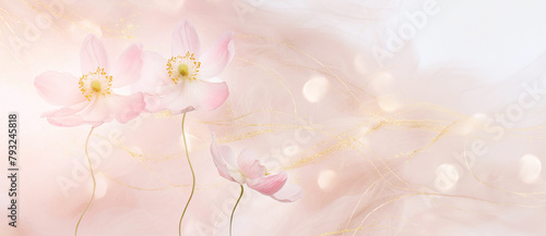 Panel kuchenny z motywem Tapeta, wzór w kwiaty, różowy zawilec, puste miejsce na tekst, kartka na życzenia 