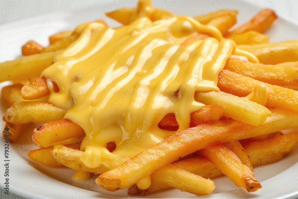 Plate of cheese-covered fries, perfect for food blogs Plate of cheese-covered fries, perfect for food blogs