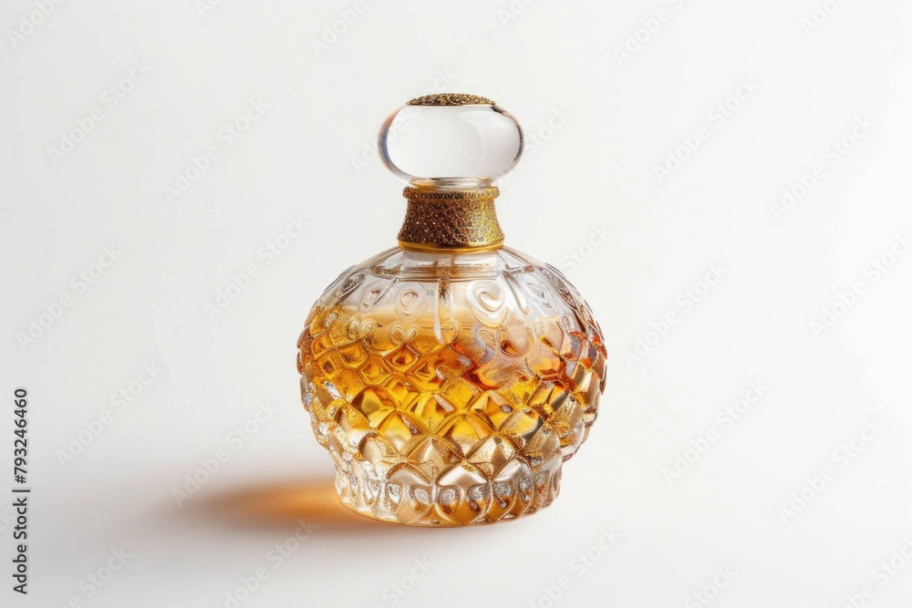 A clear glass bottle with a shiny gold top, suitable for various design projects A clear glass bottle with a shiny gold top, suitable for various design projects