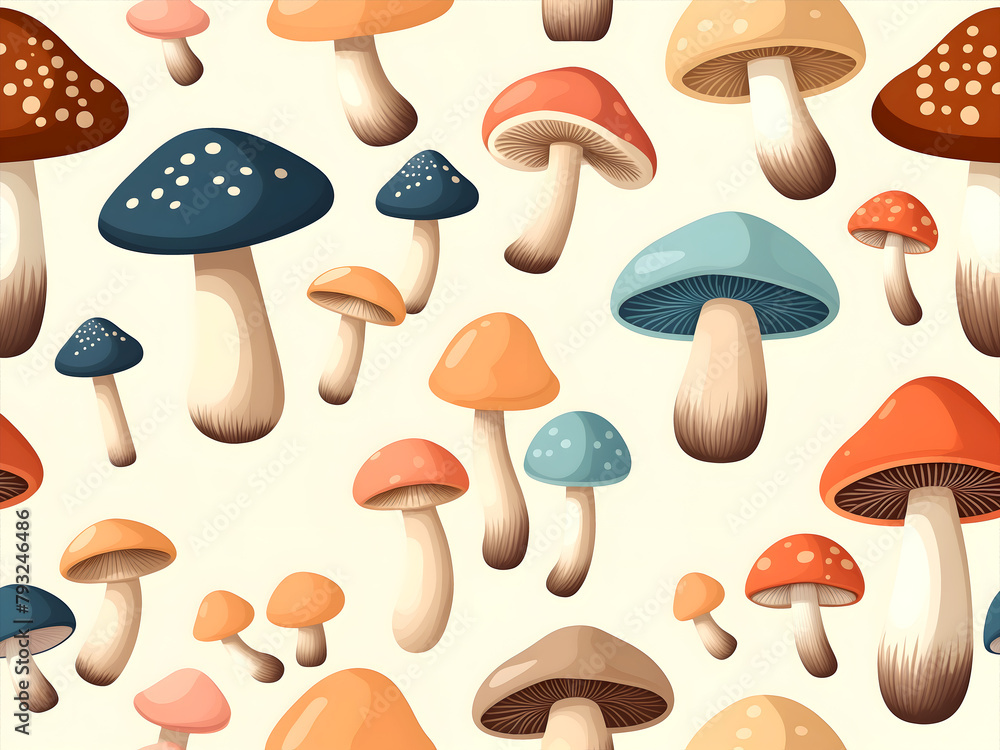 Mushrooms in different shapes and colors on cream background Mushrooms in different shapes and colors on cream background