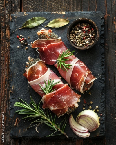 Gourmet cured ham with fresh aromatic herbs, spices, and seasoning on rustic wooden backdrop photo
