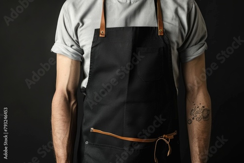 A man wearing a black apron with a leather strap, suitable for restaurant or kitchen scenes photo