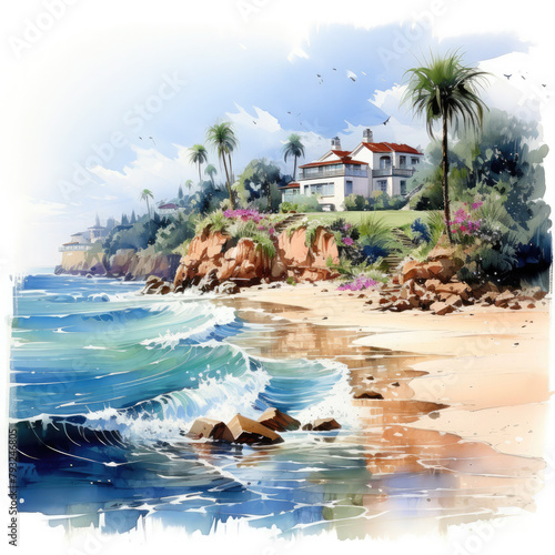 Watercolor Beach Landscape  clipart Illustration  Generative Ai