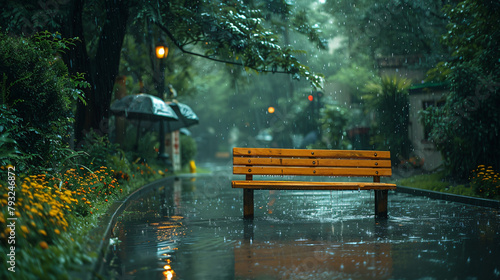 a bench is sitting under some umbrellas on a sidewall photo