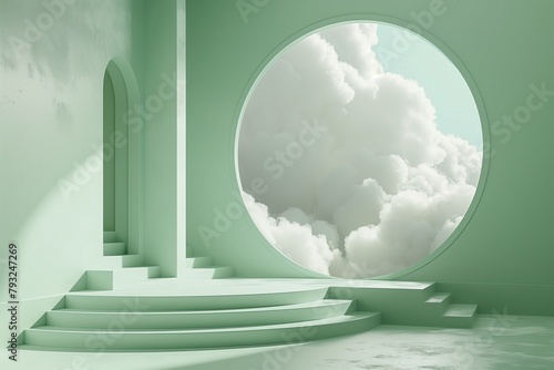 Minimalist Podium in a Cloud White Scene, Set in a Pale Mint Green Art Gallery, Optimally Illuminated photo