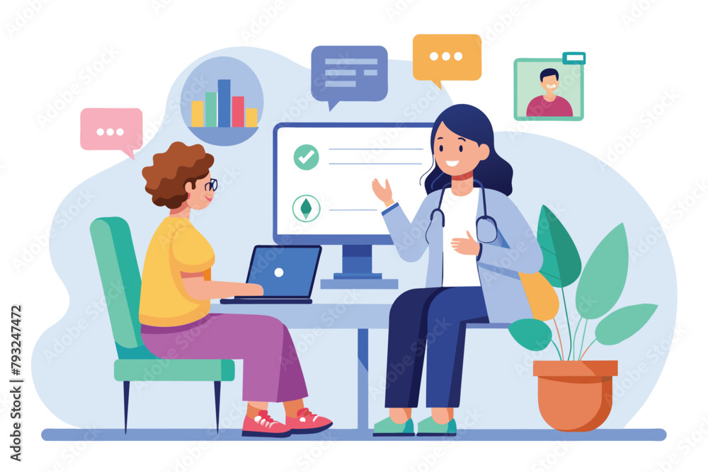 Two women engaged in a conversation in front of a computer, likely discussing treatment options or healthcare matters, online treatment consultation, Simple and minimalist flat Vector Illustration Two women engaged in a conversation in front of a computer, likely discussing treatment options or healthcare matters, online treatment consultation, Simple and minimalist flat Vector Illustration