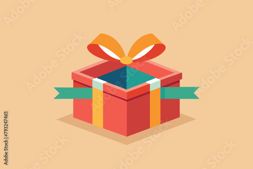 Open gift box with red walls, green ribbon, and bow set on a plain background, Open gift box, Simple and minimalist flat Vector Illustration