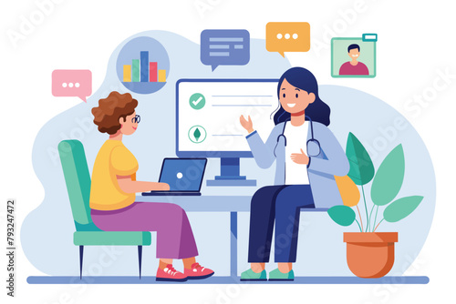 Two women engaged in a conversation in front of a computer, likely discussing treatment options or healthcare matters, online treatment consultation, Simple and minimalist flat Vector Illustration