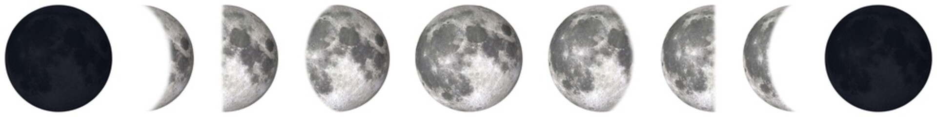 All phases of Moon Waning Crescent, Third Quarter, Waning Gibbous, Full Moon, Waxing Gibbous, First Quarter and Waxing Crescent, "Elements of this image furnished by NASA ", isolated png background