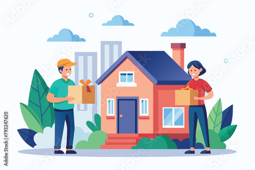 A man and a woman unpacking boxes outside a house, Orders are delivered to the house, couriers deliver orders trending, Simple and minimalist flat Vector Illustration
