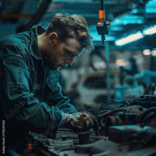 Car vehicle mechanic technicians are repairing and carrying out periodic maintenance checks in a workshop setting in a room with sufficient lighting. photo