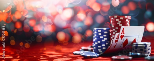 Casino chips and aces on vibrant background