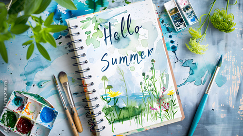 Summer inspiration with a watercolor flower painting and art supplies on a blue backdrop.