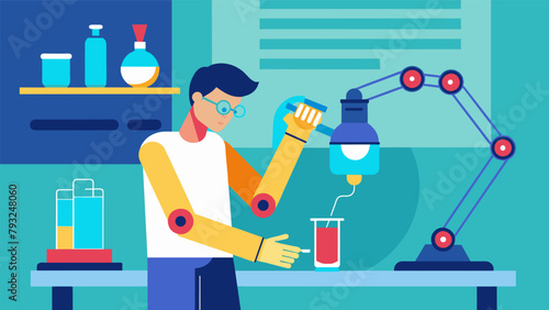 In a brightly lit lab a person tinkers with a robotic arm attached to their own experimenting with nerve stimulation techniques to enhance their.