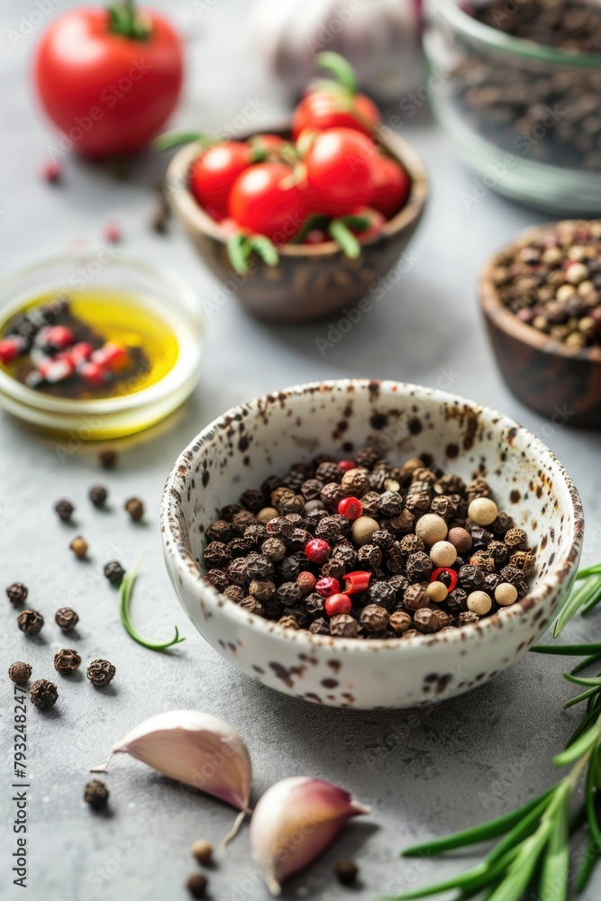Fresh peppercorn and juicy tomatoes, perfect for food-related projects Fresh peppercorn and juicy tomatoes, perfect for food-related projects