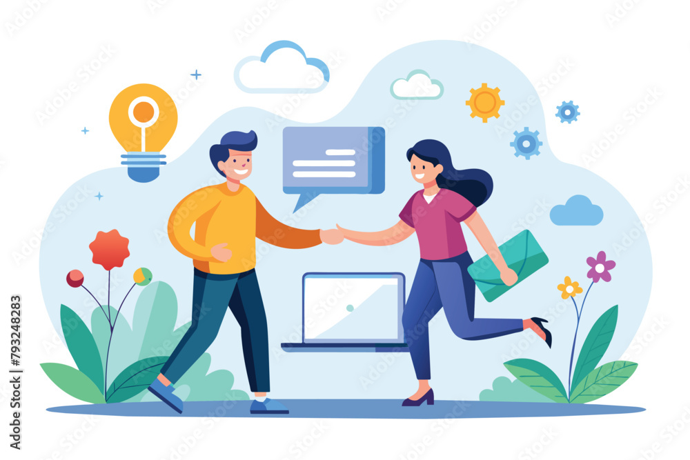 A man and woman shake hands, with a speech bubble above them, symbolizing a business partnership, Partnership runs online business, Simple and minimalist flat Vector Illustration
