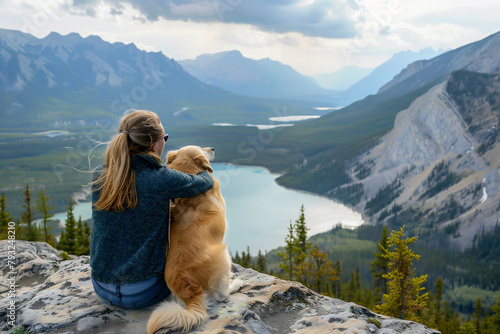Woman with dog on top of a mountain watching a beautiful landscape of mountain lake. Mountainous landscape and the turquoise lake below under a clear blue sky