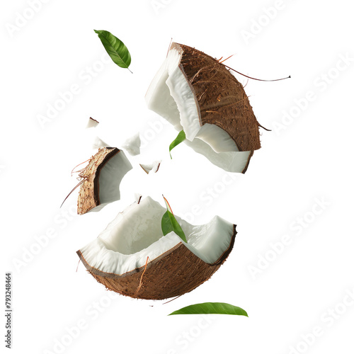 Capture the essence of a solitary coconut slice and a broken piece complete with leaves against a transparent background The image showcases a white coconut fragment suspended mid air creating a v