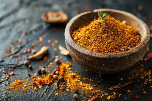 A wooden bowl filled with a mixture of spices. Great for food blogs and recipe websites