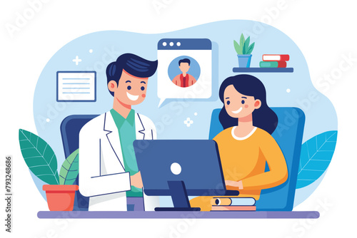 Man and Woman Using Laptop for Online Health Consultation, patient is having an online consultation about health with a doctor, Simple and minimalist flat Vector Illustration © Iftikhar alam