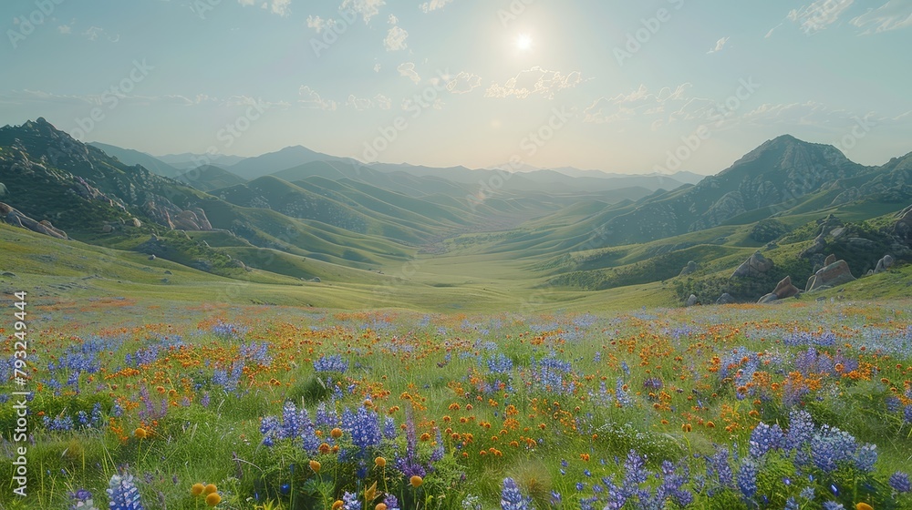   A field of wildflowers and other blooms before a mountaineous backdrop, sun radiating in the distance