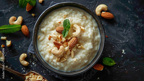 Bowl with rice pudding on dark background, Creamy rice kheer with cashew nuts and almonds, Copy space, Top view photo