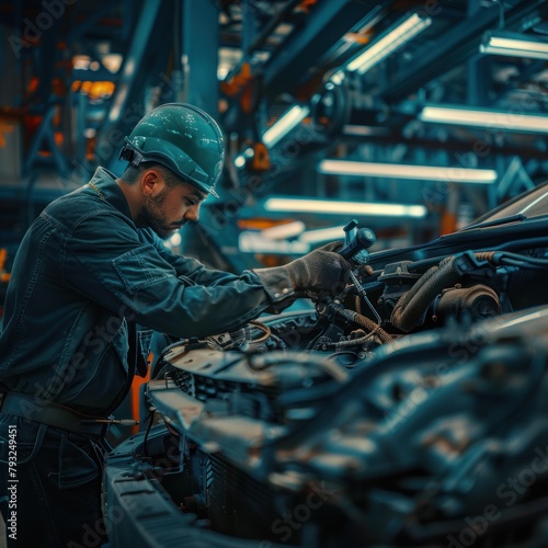 Car vehicle mechanic technicians are repairing and carrying out periodic maintenance checks in a workshop setting in a room with sufficient lighting.
